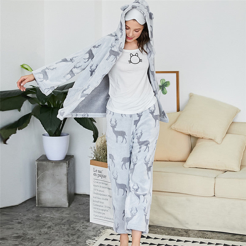 Bu Nai winter new hooded deer double law back printing cut flower two-piece pajamas ladies Korean casual home service