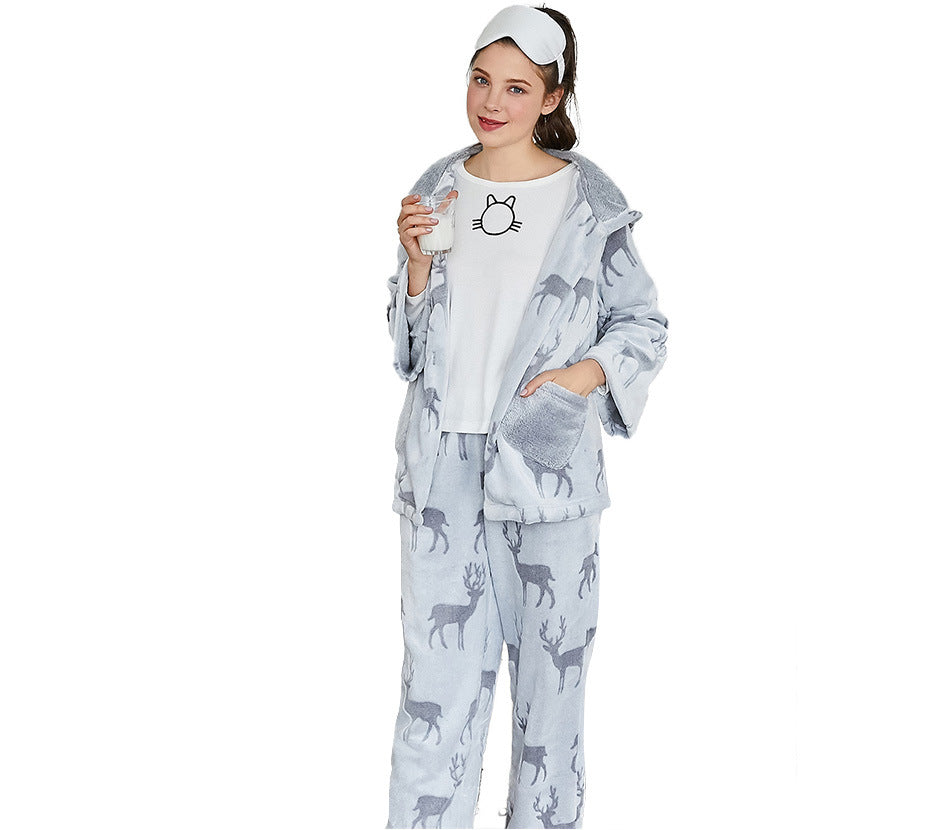 Bu Nai winter new hooded deer double law back printing cut flower two-piece pajamas ladies Korean casual home service