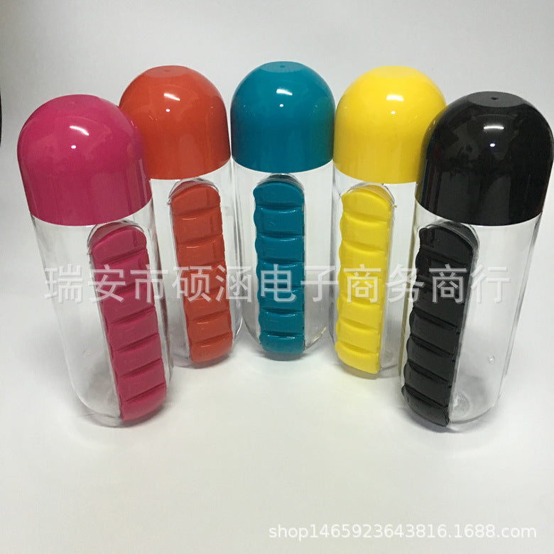 Creative with medicine box cup with seven-day portable medicine box Two in one outdoor carrying water bottle Pill cup