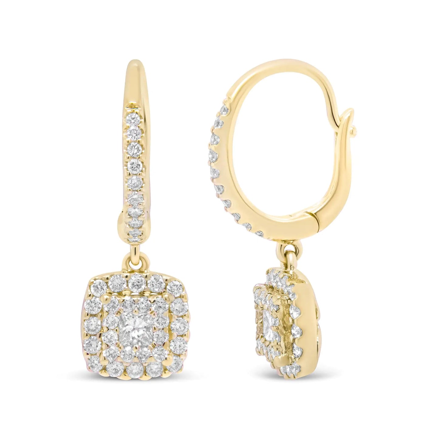 14K Yellow Gold 5/8 Cttw Invisible-Set Princess Diamond Square Halo Dangle Earring (H-I Color, SI1-SI2 Clarity)