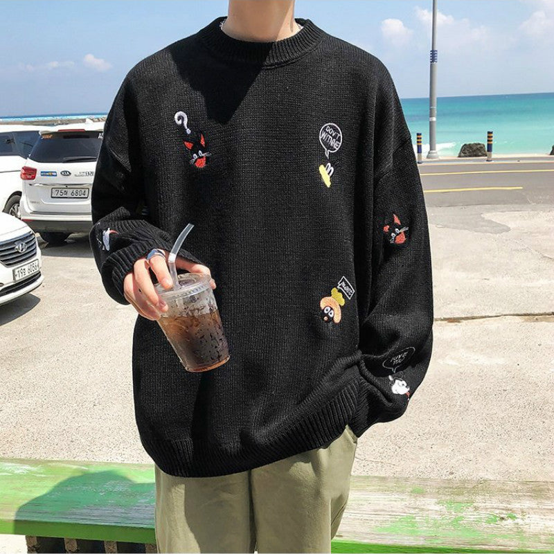 Autumn and winter embroidered sweater men's Korean version loose round neck bottoming shirt trend lazy style casual pullover knitted top