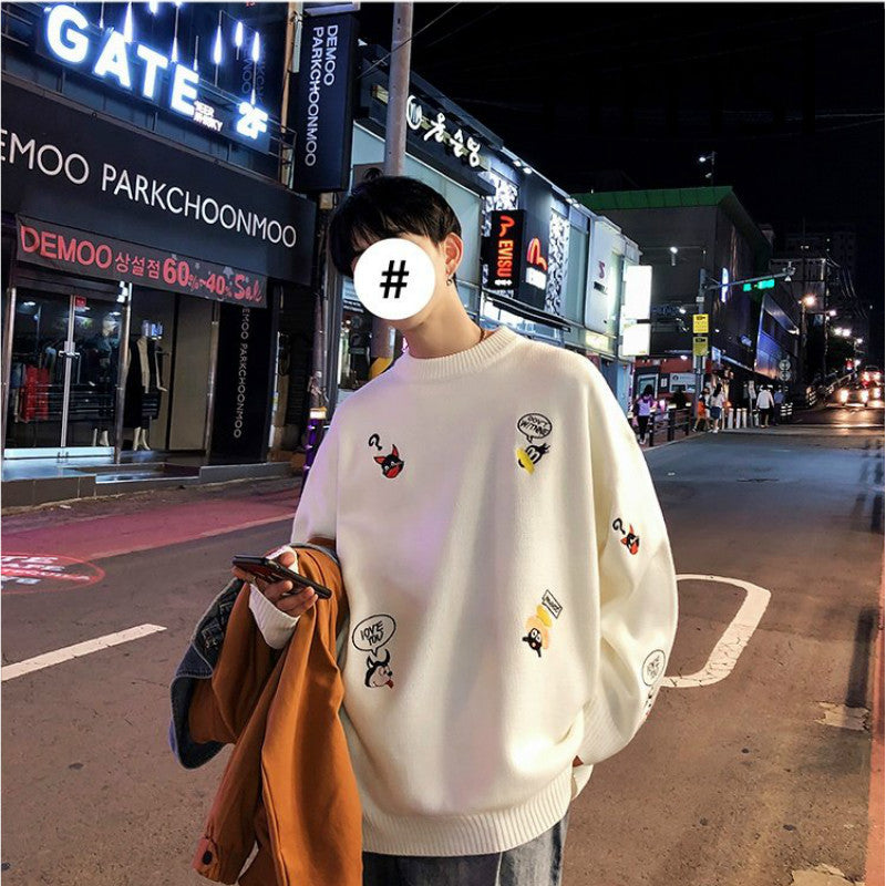 Autumn and winter embroidered sweater men's Korean version loose round neck bottoming shirt trend lazy style casual pullover knitted top