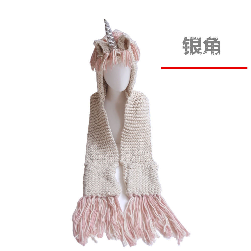 Children's Unicorn Hat Wool Crochet Cape Cap Europe and America Creative Scarf Handmade Child Cartoon Hat Autumn Winter Men and Women