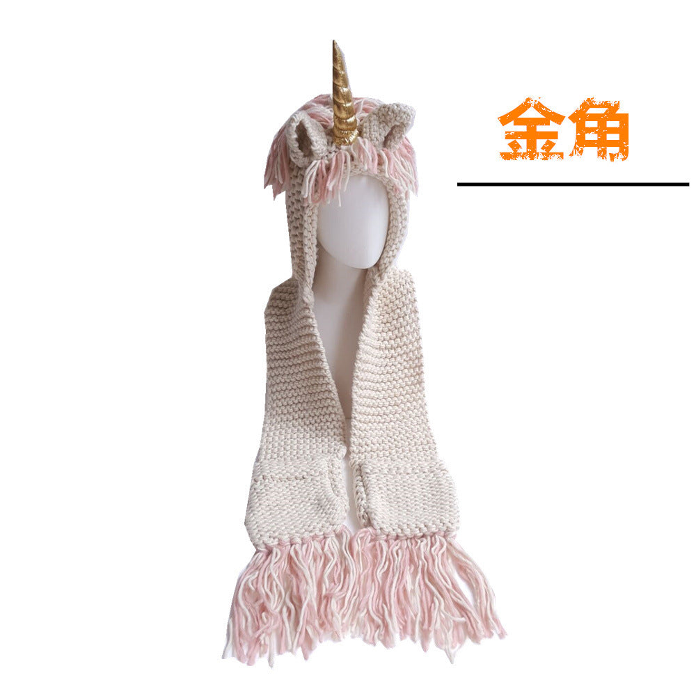 Children's Unicorn Hat Wool Crochet Cape Cap Europe and America Creative Scarf Handmade Child Cartoon Hat Autumn Winter Men and Women